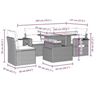 6-delige Loungeset met kussens poly rattan grijs
