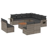12-delige Loungeset met kussens poly rattan grijs - thumbnail