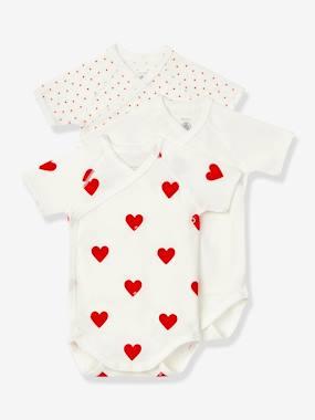 Set van 3 gekruiste babyrompertjes met korte mouwen en harten in biokatoen PETIT BATEAU wit