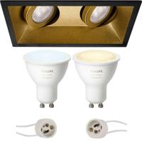 GU10 Inbouwspot Set - Mat Zwart/Goud - Inbouw Rechthoek Dubbel - Kantelbaar - Philips Hue - White Ambiance - Bluetooth - Pragmi Zano Pro - 185x93mm - thumbnail
