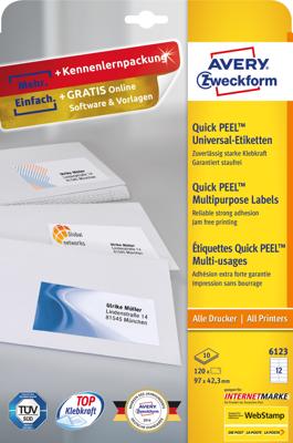 Avery-Zweckform 6123 97.3 x 42.3 mm Papier Wit 120 stuk(s) Permanent hechtend Universele etiketten Inkt, Laser, Kopie 10 vel