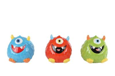 Spaarpot "Monster" blauw/rood/groen a3 aardewerk 8x8x8cm