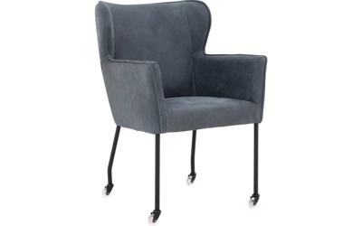 Goossens Excellent Eetkamerstoel Leogang blauw leer met armleuning en met wielen, elegant chic