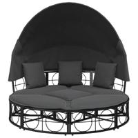Loungebed met luifel en kussens poly rattan zwart - thumbnail