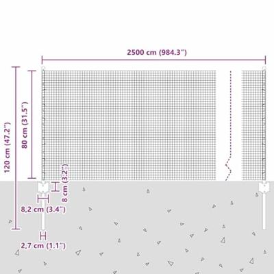 VidaXL Hek met paal zilver 0,8 x 25 m staal