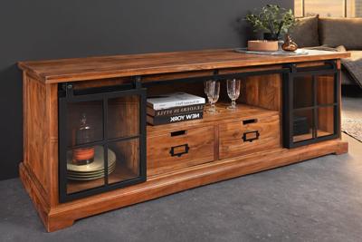 Massief lowboard HERITAGE 160 cm natuurlijke acaciahout zwarte metalen vitrine - 44050