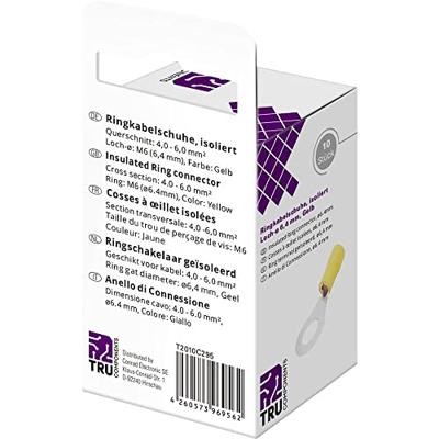 TRU COMPONENTS T2010C295 Ringkabelschoen Dwarsdoorsnede (max.)=6.0 mm² Schachtdiameter=6.4 mm Deels geïsoleerd Geel 10 stuk(s)