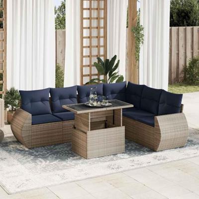 7-delige Loungeset met kussens poly rattan acacia grijs
