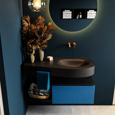 MONDIAZ RIVA 100cm badmeubel onderkast / planchet kleur Jeans met 1 lade. Wastafel DULCET rechts 0 kraangaten kleur Urban.