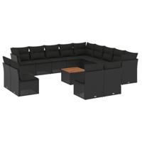 14-delige Loungeset met kussens poly rattan zwart - thumbnail