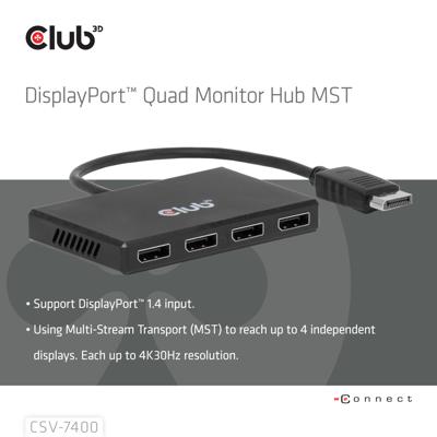 Club 3D displayport quad monitor hub mst 4x 4k30hz displayport splitter (zwart)