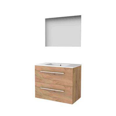 Basic-Line Ultimate 46 Badkamermeubelset - 80 x 46 cm - Met Grepen - 2 Lades - Keramische Wastafel - 1 Kraangat - Spiegel met Indirecte LED Verlichting - Whisky Oak