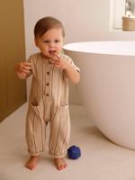 Gestreepte gebreide babyromper zandbeige - thumbnail
