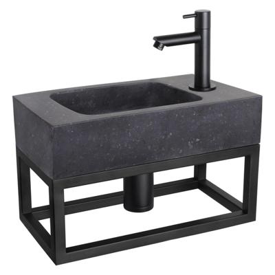 Fonteinset Differnz Bombai Natuursteen en Handoekrek 40x22x9 cm Zwart Met Rechte Kraan Mat Zwart Differnz