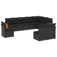 10-delige Loungeset met kussens poly rattan zwart - thumbnail