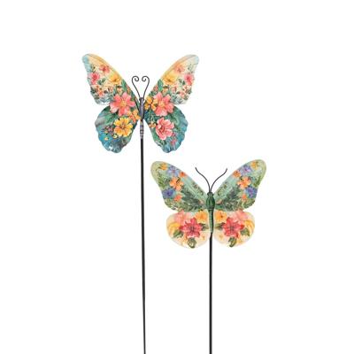 Vlinder met bloemen op steker 15x57cm