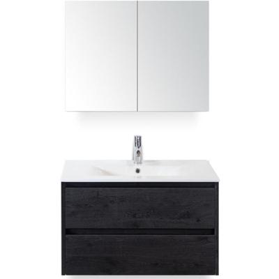 Dante Badmeubelset 80 cm - Black Oak - Keramische Wastafel Wit Enjoy met Spiegelkast