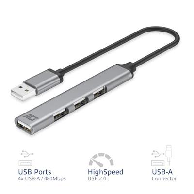 ACT AC6225 USB-A Hub 2.0 | 4-poorts USB-A | Aluminium | Kabellengte 18cm - thumbnail