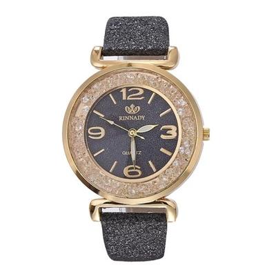 FULAIDA vrouwen Strass goudpoeder PU lederen band quartz horloge (zwart)