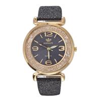 FULAIDA vrouwen Strass goudpoeder PU lederen band quartz horloge (zwart) - thumbnail