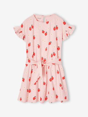 Jurk met ruches en aarbeimotief lichtroze