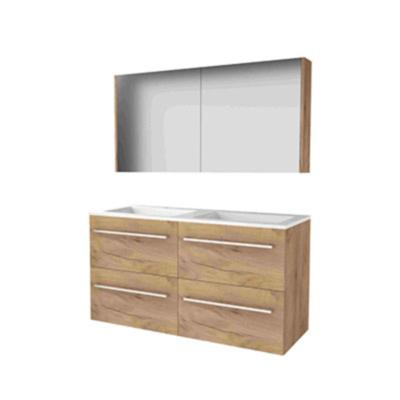 Basic-Line Comfort 46 Badkamermeubelset - 120 x 46 cm - Met Grepen - 4 Lades - Acryl Wastafel - 2 Kraangaten - Spiegelkast - Whisky Oak