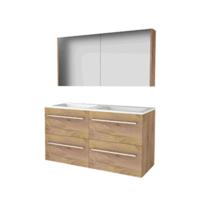Basic-Line Comfort 46 Badkamermeubelset - 120 x 46 cm - Met Grepen - 4 Lades - Acryl Wastafel - 2 Kraangaten - Spiegelkast - Whisky Oak - thumbnail