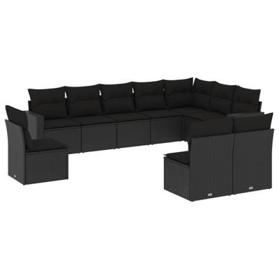 10-delige Loungeset met kussens poly rattan zwart - thumbnail