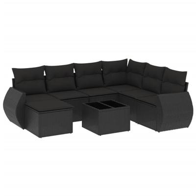 8-delige Loungeset met kussens poly rattan zwart