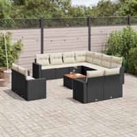 12-delige Loungeset met kussens poly rattan zwart - thumbnail