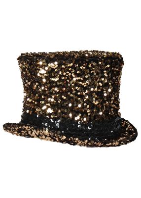 Cabaret Luxe hoge hoed pailletten goud-zwart