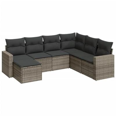 7-delige Loungeset met kussens poly rattan grijs