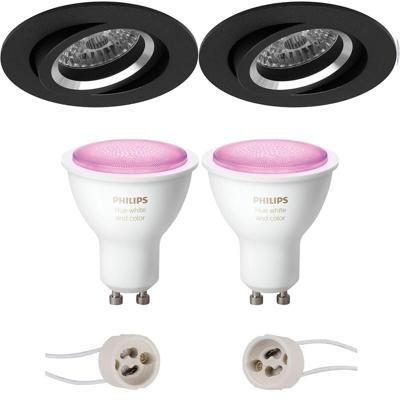 Pragmi Aerony Pro - Inbouw Rond - Mat Zwart - Kantelbaar - Ø82mm - Philips Hue - LED Spot Set GU10 - White and Color Ambiance - Bluetooth