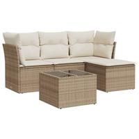 5-delige Loungeset met kussens poly rattan beige - thumbnail
