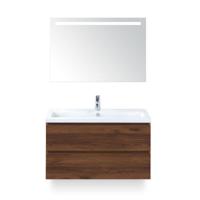 Vogue Badmeubelset 100 cm - Greeplijst in kleur - Walnoot - Keramische Wastafel Wit 1 kraangat - met Sence Spiegel - thumbnail