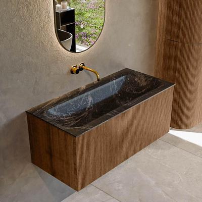 Mondiaz KURVE-DLUX 100 cm Onderkast Greeploos 1 Lade Zonder Deuren Walnut, Wastafel Solid Surface Volledig Lava 0 Kraangaten Zonder Spiegel (KRVBGM1001L0D0KM-Wal/Lav)