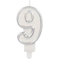 Cijferkaars &apos;9&apos; Wit Zilver Chique (9cm) - thumbnail