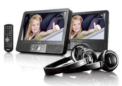 Lenco MES-415 Draagbare dvd-speler met dubbel scherm, USB en SD-aansluiting, 12 volt auto-adapter, afstandsbediening, 2 x hoofdsteunbevestiging, 2 x koptelefoon, zwart