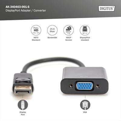 Digitus AK-340403-001-S DisplayPort / VGA Adapter [1x DisplayPort stekker - 1x VGA-bus] Zwart 15.00 cm