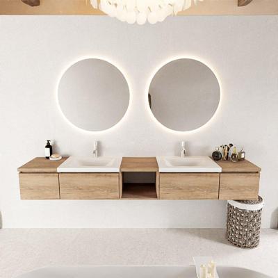 MONDIAZ BUKLA 240cm badmeubel met open module 40 midden kleur Washed Oak met 4 lades. Wastafel CLOUD dubbel 2 kraangaten kleur Talc.