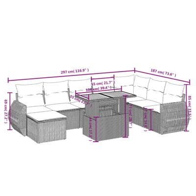 9-delige Loungeset met kussens poly rattan grijs
