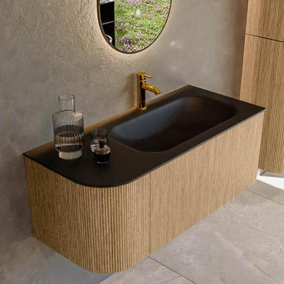 Mondiaz KURVE 105 cm Onderkast Greeploos 1 Lade Met Deuren Oak, Wastafel Solid Surface Rechts Urban 1 Kraangat Zonder Spiegel (KRVBGS105L1L1D1KR-Oak/Urb)