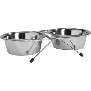 Rvs standaard met 2 eet of drinkbakjes 11 cm Rvs standaard met 2 eet of drinkbakjes 11 cm