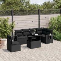 7-delige Loungeset met kussens poly rattan zwart - thumbnail