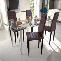vidaXL Eetkamerset 4 bruine slim line stoelen en 1 glazen tafel - thumbnail