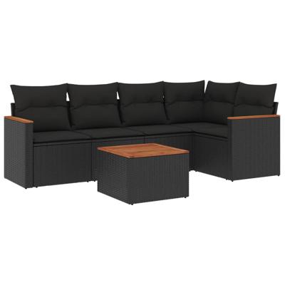 6-delige Loungeset met kussens poly rattan zwart