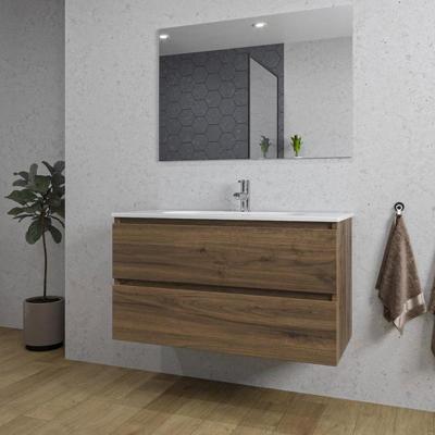 Saniclass Chaci Badkamermeubelset - 100x46x55cm - keramische wastafel wit - 1 ovale wasbak - 1 kraangat - 2 lades - rechthoekige spiegel - noten (hout) SW1212772/SW718718/SW724612
