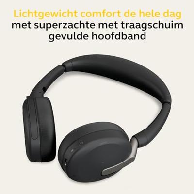 Jabra Evolve2 65 Flex Link380a UC On Ear headset Bluetooth Stereo Zwart Noise Cancelling Headset, Microfoon uitschakelbaar (mute), Volumeregeling, Inductie,