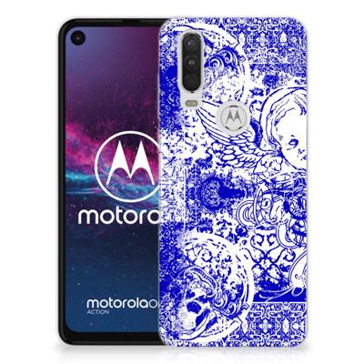 Silicone Back Case Motorola One Action Angel Skull Blauw