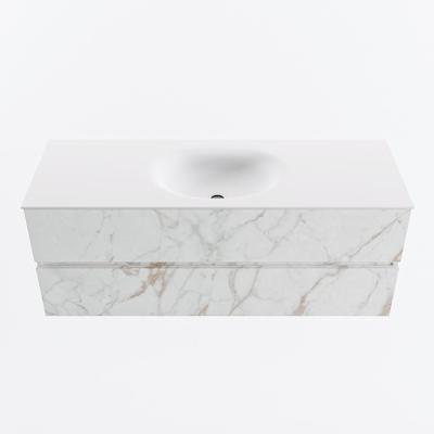 MONDIAZ VICA 130cm badmeubel onderkast Carrara 2 lades. Wastafel MOON midden zonder kraangat, kleur Talc.